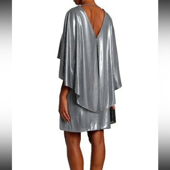Halston Heritage Short Metallic Silver A-line Cape Sleeve V-Neck Dress Size10 NW - Picture 2 of 16